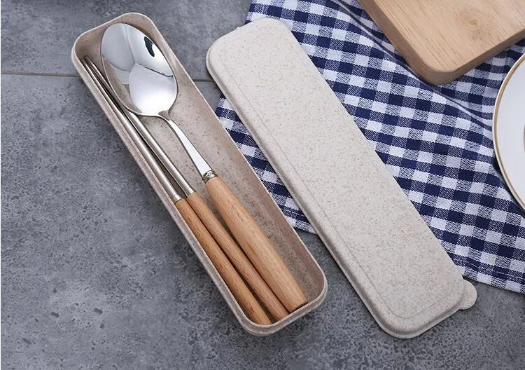 

1SET Portable Tableware Spoon Chopstick 304 Stainless Steel Dinnerware Set With Wooden Handle Picnic Travel Flatware Set OK 0867