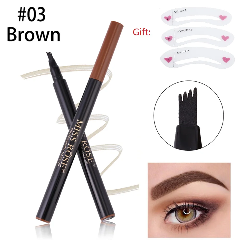 03 Brown MISS ROSE, 4 головки, водонепроницаемый, вилка, кончик, микроблейдинг, жидкая, для бровей, тату, ручка, оттенок, тонкий эскиз, Maquiagem, карандаш, Sourcil TSLM1 - Цвет: 03 Brown
