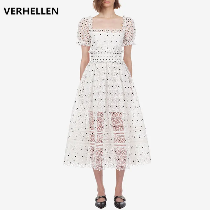 Женское кружевное платье VERHELLEN Элегантное Длинное в горошек с пышными рукавами и
