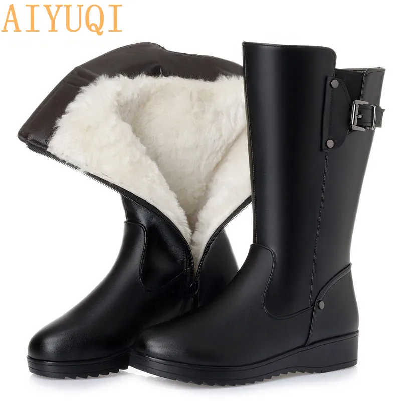 flat black wool AIYUQI женские зимние ботинки г. Новые женские мотоциклетные ботинки из натуральной кожи большой размер 41, 42, 43 шерстяные пинетки женские нескользящие - Цвет: flat black wool