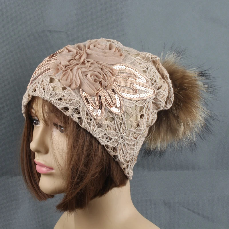 Осенняя шапочка-бини, шапка из меха норки с помпоном, шапки Skullies Beanies, женская модная повседневная кружевная сетчатая шапка, шапка с цветочным принтом, вязаная шапка с подкладкой