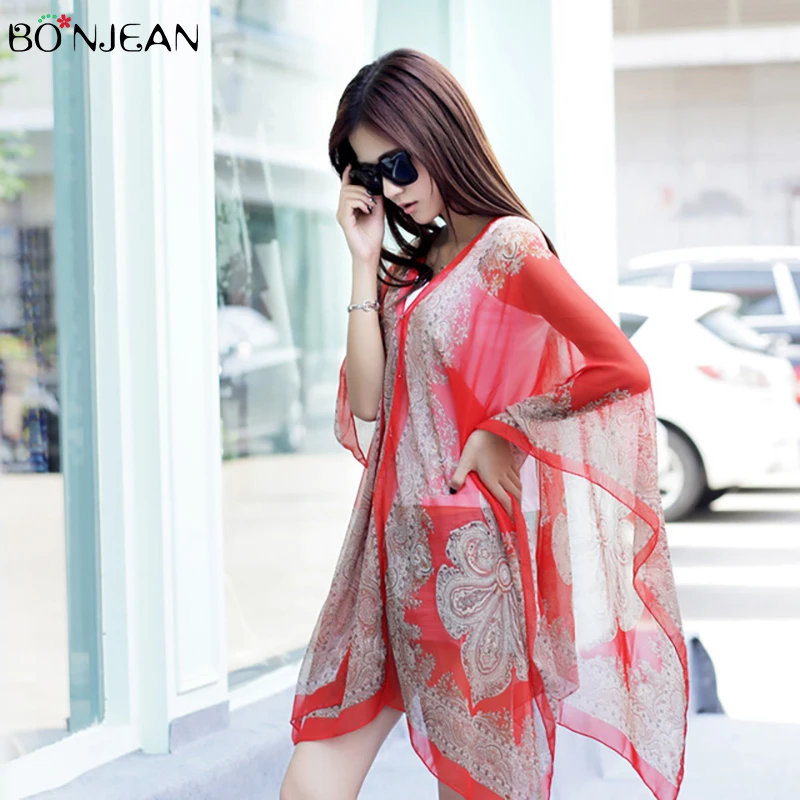 

BONJEAN Women Scarf Fashion Chiffon High Quality Sunscreen Effect/Keep Warm Personality Cashew Flower Printing Beach Scarf ZZ01
