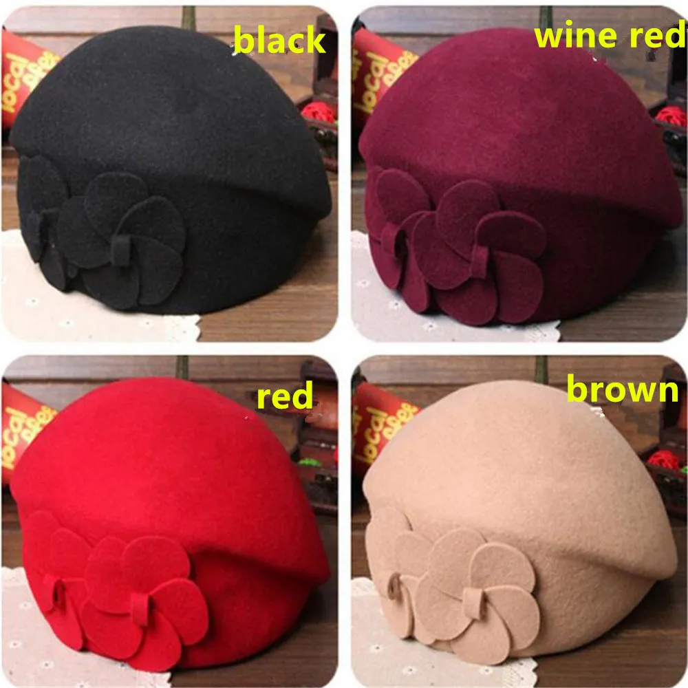 1pcs-wine red Шерстяной берет, Зимние береты, женский зимний фетровый берет, цветочный женский фетровый Французский Берет, шапка бини, зимний цветок - Цвет: 1pcs-wine red