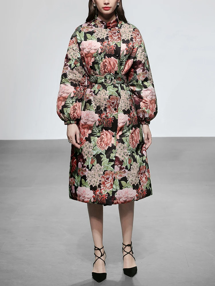 2018 зимняя женская теплая куртка с цветочным принтом Длинная тонкая парка пальто