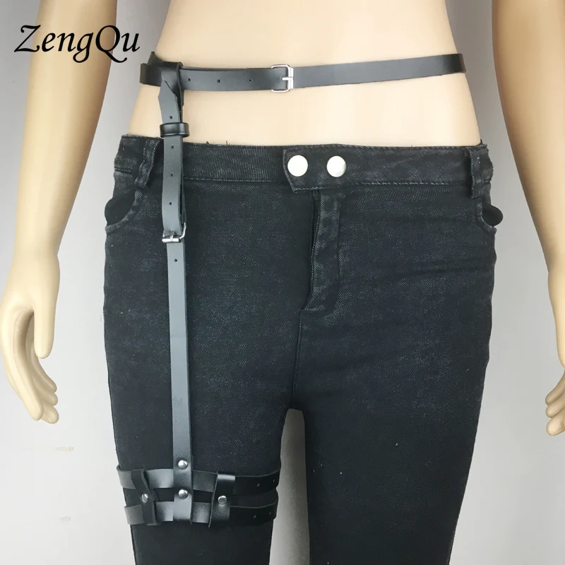 

New Punk gothic harajuku lingerie Women sexy Faux leather material harness Two Rows leg garters