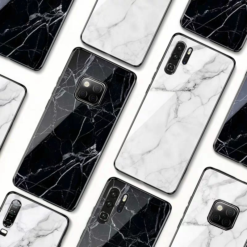 Чехол для Huawei P20 Pro чехол P30 Lite чехлы P20lite p30lite со стеклом и мрамором черный телефона