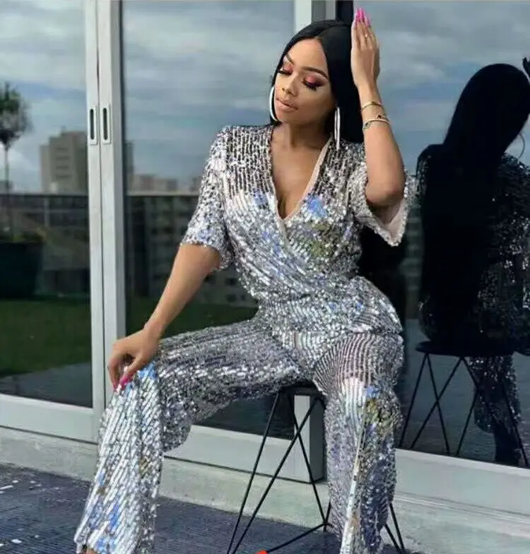 

2019 New Women Jumpsuit sequined V-Neck short sleeve Celebrity evening party bodycon Rompers Bandage jumpsuits