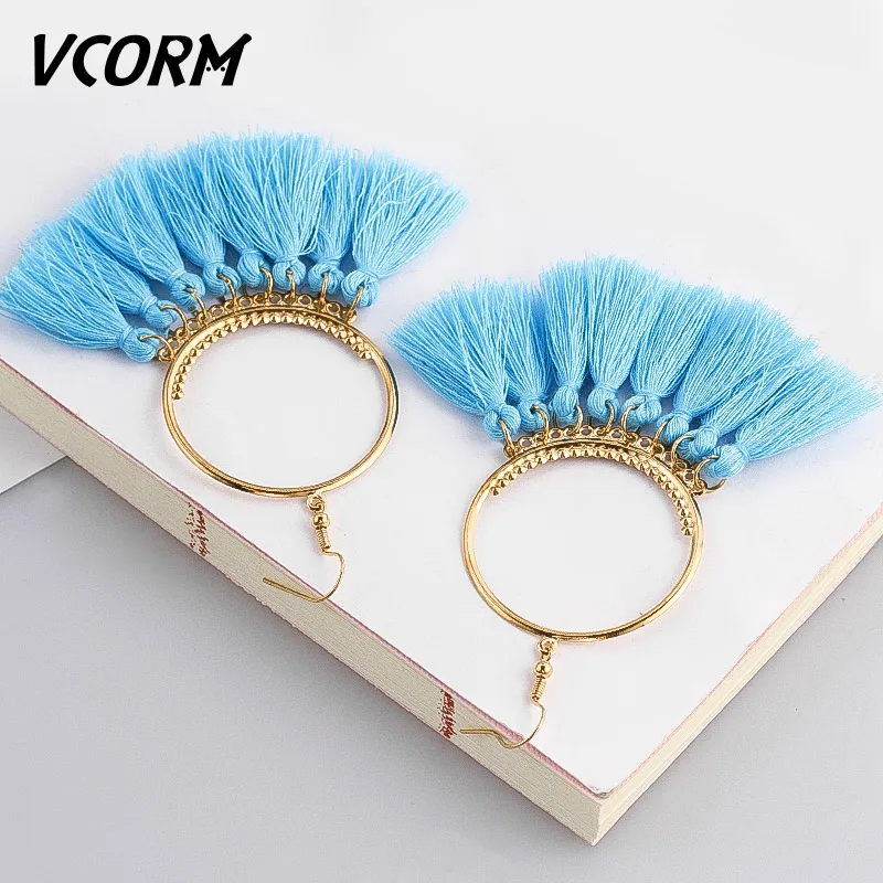 Light blue VCORM, богемные серьги с кисточками, большие висячие серьги для женщин, модные ювелирные изделия, серьги, красный, черный, хлопок, шелк, ткань, бахрома, серьги, подарок - Окраска металла: Light blue