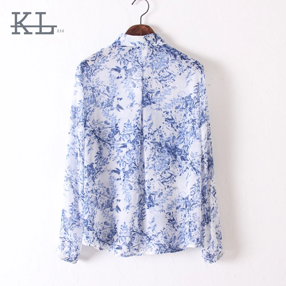 Новый Женский Голубой Цветок Шаблон Печатной Полный рукавом отложным Воротником