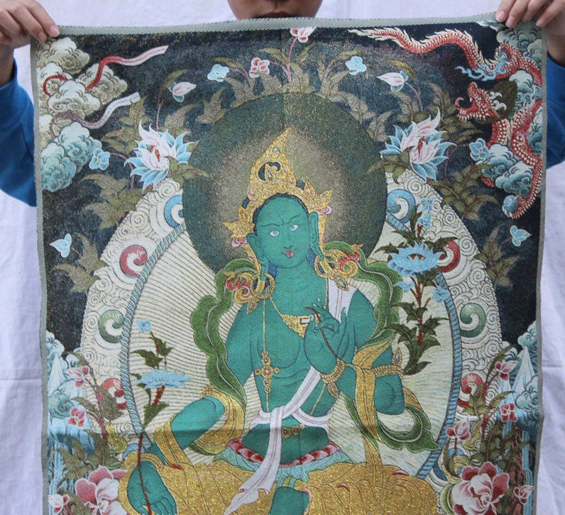36 дюймов Китайская народная шелковой вышивкой Зеленая Тара махаяны Буддизм