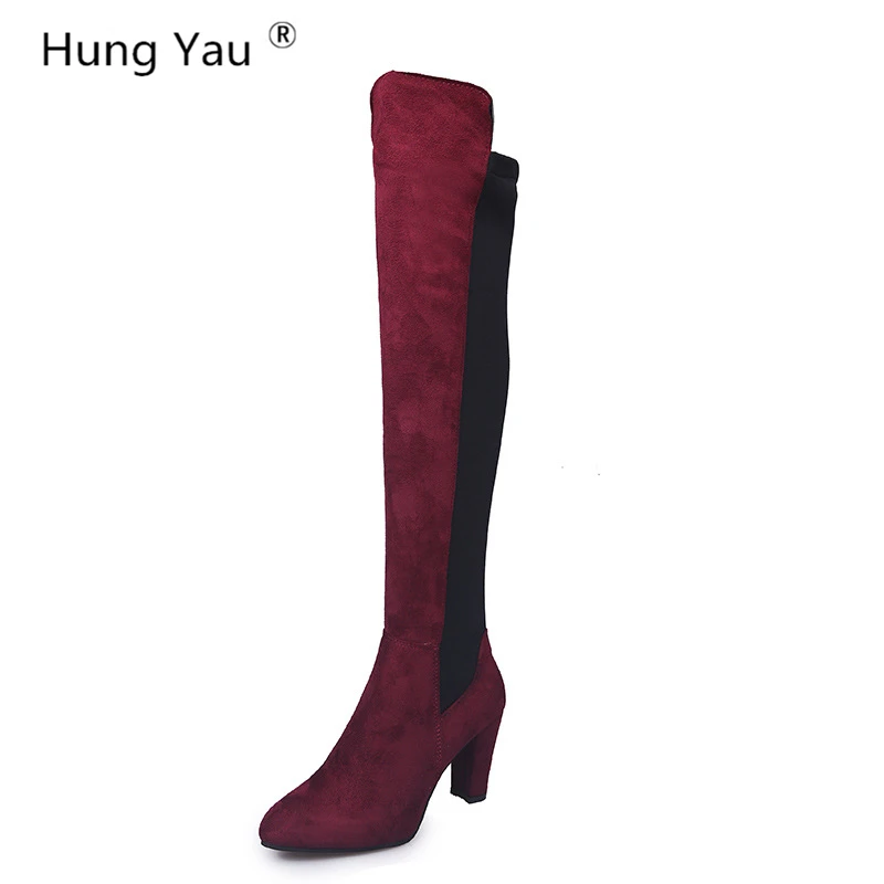 Hung Yau/женские замшевые сапоги выше колена женские модные до бедра облегающие