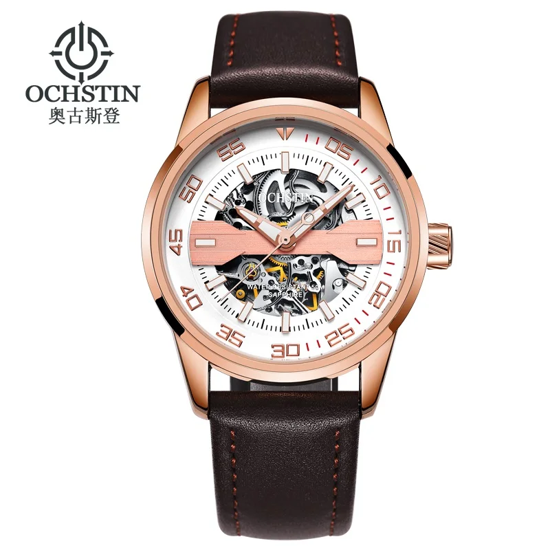 ROSE GOLD WHITE Лидирующий бренд, швейцарские ochстин, спортивные Дизайнерские мужские часы, бизнес класса, роскошные часы Montre Homme, Мужские автоматические часы со скелетом - Цвет: ROSE GOLD WHITE