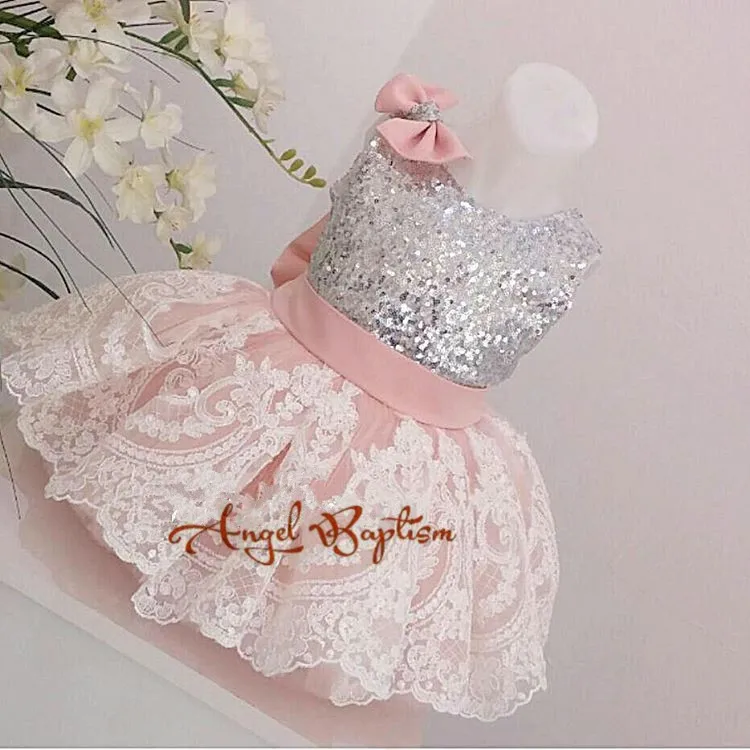 Милое серебряное Пышное Платье с блестками для малышей кружевные платья