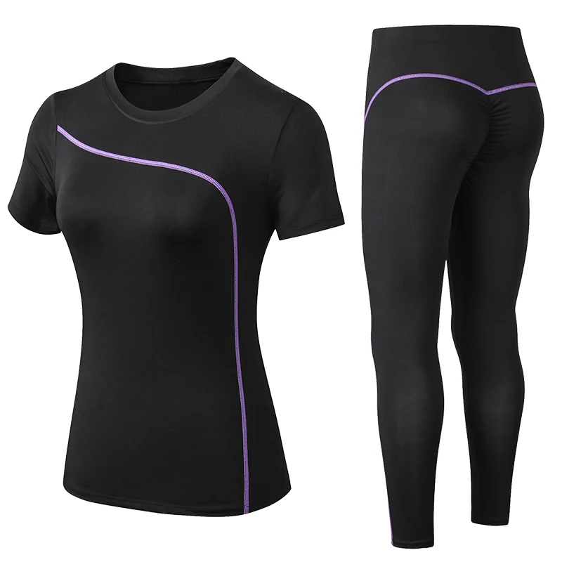 NB92201-92301Purple Новые женские спортивные комплекты из 2 предметов, комплект для йоги, одежда для спортзала, футболка для тенниса и йоги+ бесшовные леггинсы, спортивный костюм для тренировок, одежда для активного отдыха - Цвет: NB92201-92301Purple