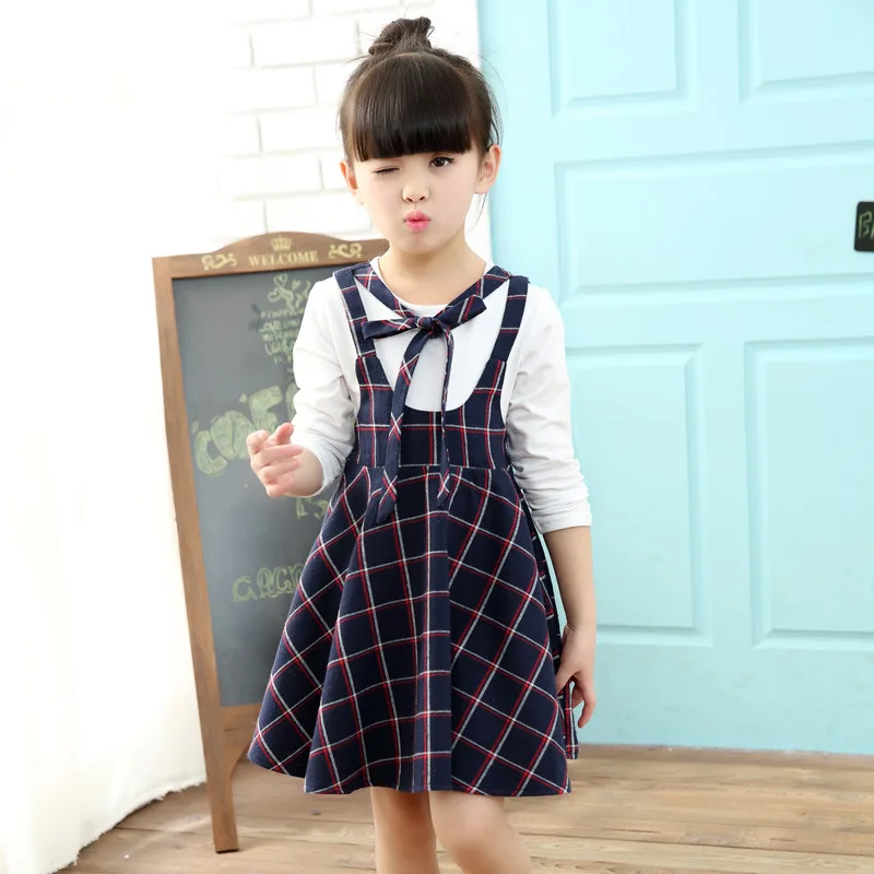 2017 Autumn Girls Dress With Long Sleeves Blue Red Plaid Kids School Uniform Clothes For Teenager 5 6 7 8 9 10 11 12 Years | Детская