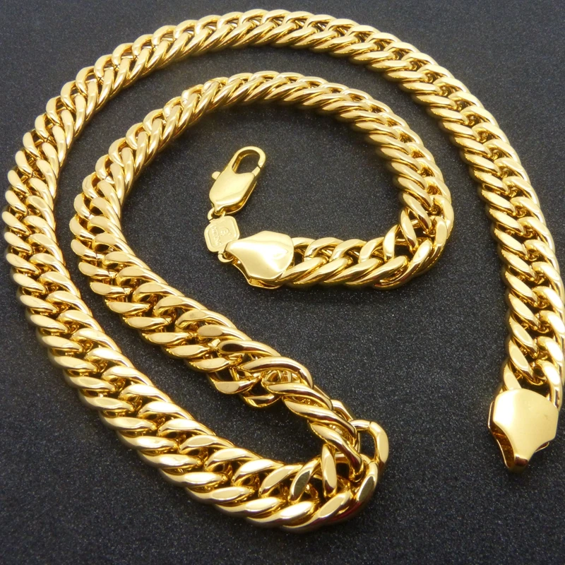 

10mm Wide Solid Chunky Chain Yellow Gold Filled Mens Necklace Double Curb Chain Link 24" Long