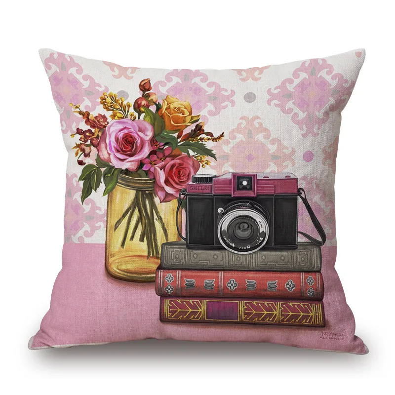 Подушка в винтажном стиле с рисунком льняная хлопковая декоративная