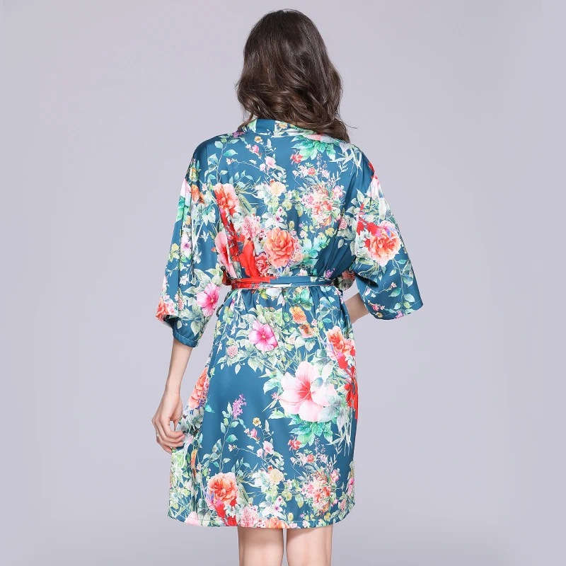 Шелковое атласное Короткое Кимоно с цветочным принтом халат v-образным вырезом и