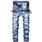 2018 дизайнерские мужские рваные джинсы, брюки, облегающие светло-голубые джинсовые джоггеры, мужские рваные брюки, брюки на пуговицах