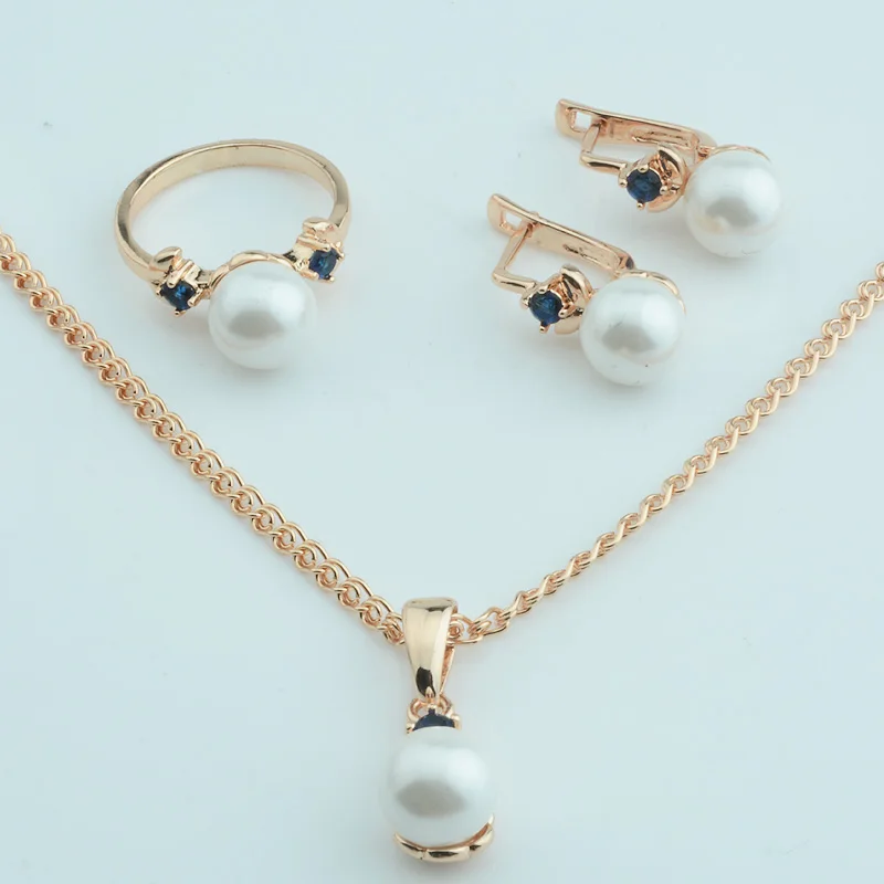 Женский комплект украшений с розовым кулоном и сережками FJ 2 цвета синим/белым