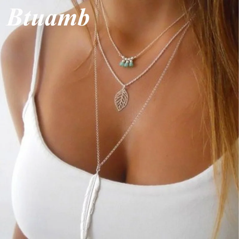 Btuamb Boho Seed Beads Hollow Leaves Lone Feather Necklaces for Women Jewelry Hot Sale Multi Layer Statement Pendants | Украшения и