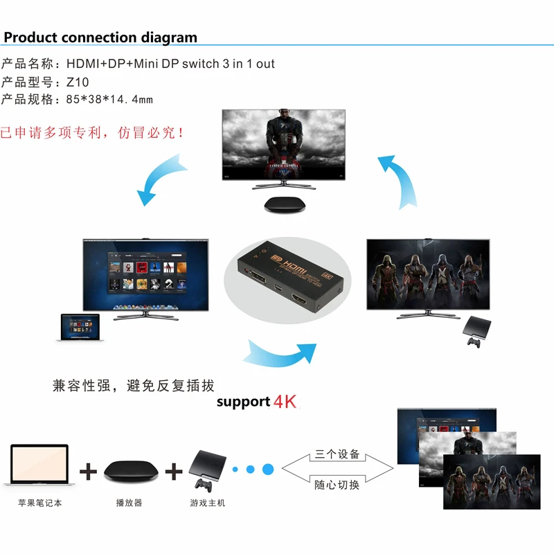 WECOM 3 портовый вход HDMI/DP/Mini DP выход HDMI коммутатор в 1 Поддержка порта 4k|switcher hdmi|dp dpdp