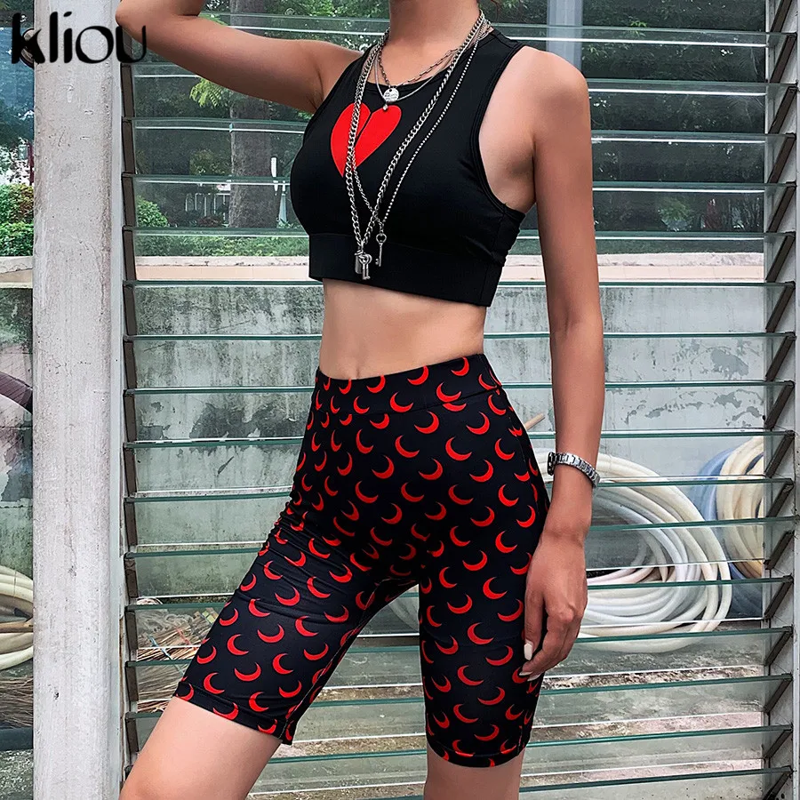 Kliou women skinny shorts elastic high waist fitness short print trousers summer female casual fashion street short pants