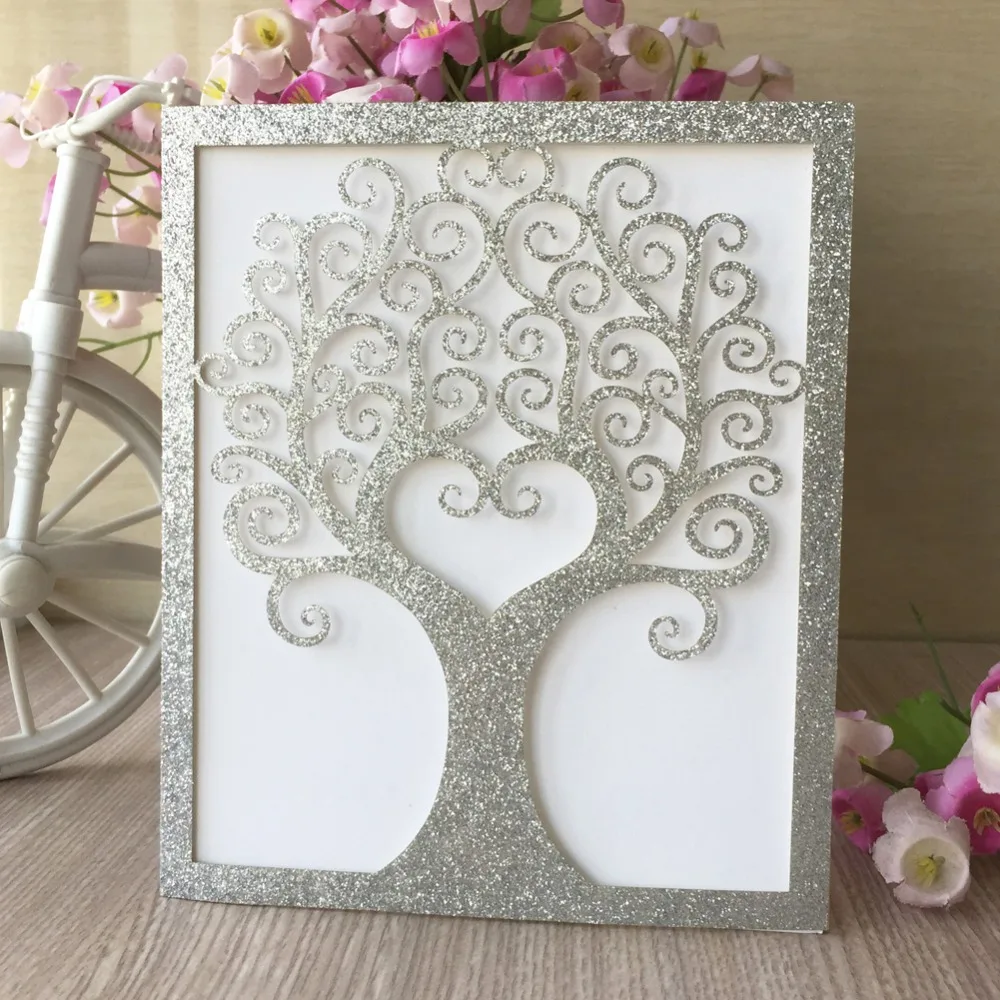 

40pcs Glitter rose Gold Silver PaperBirthday Party Chic tree Wedding Invitation Cards Bridal Shower card blessing greeting card