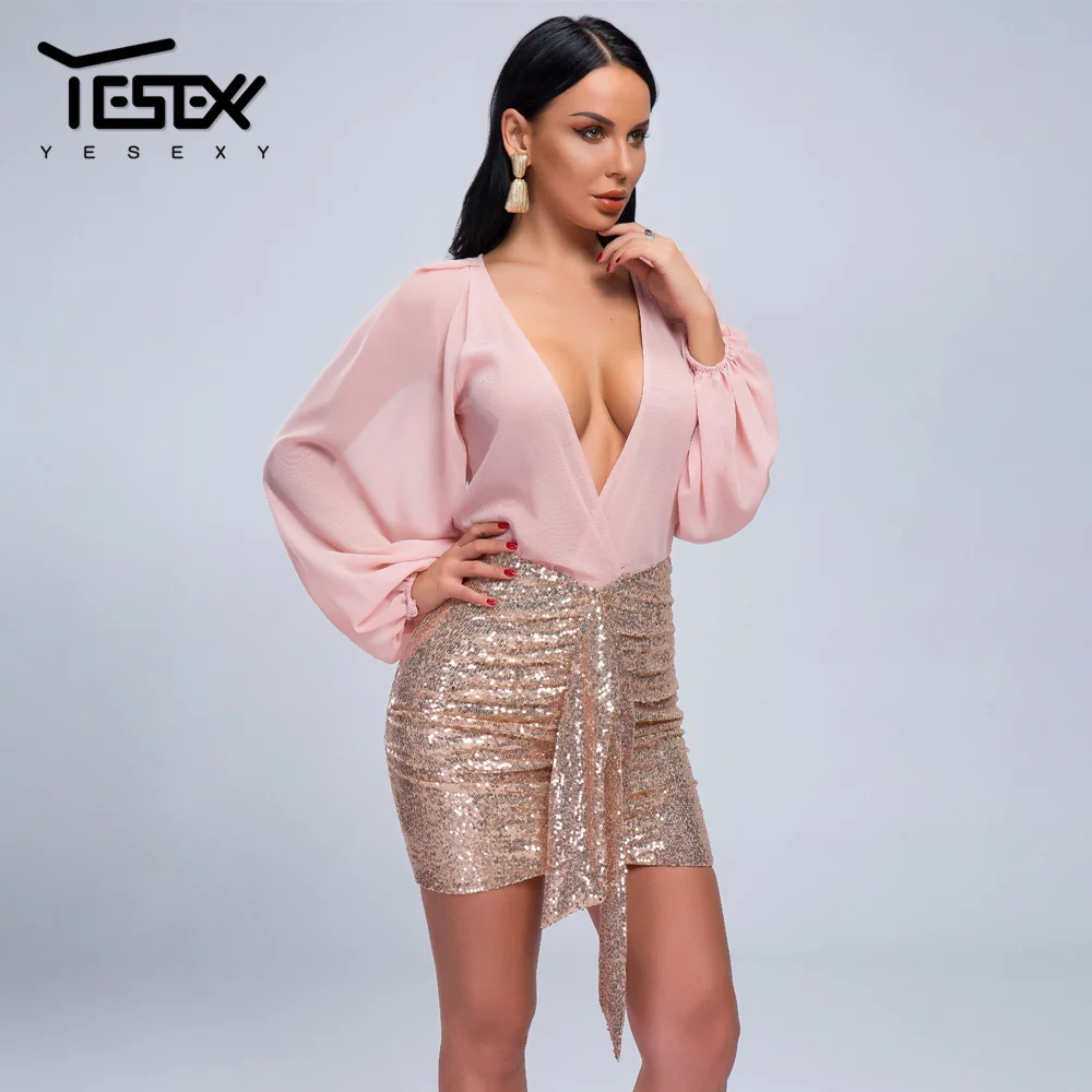 Yesexy летнее сексуальное мини-платье с глубоким v-образным вырезом и длинным рукавом, однотонное платье с блестками в стиле пэчворк, Платья для вечеринок VR19412
