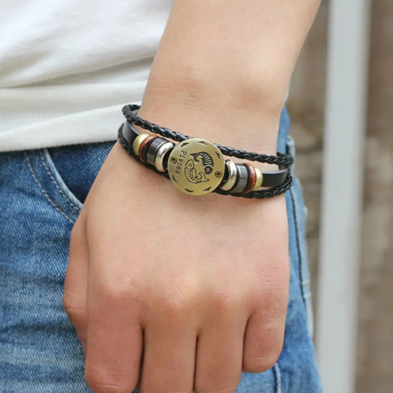 Новинка хит панк 12 созвездие браслет настоящий кожаный деревянный бисер + Черный