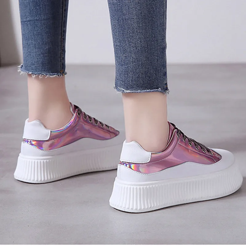 2019 New Creeper Sneakers Women Casual Shoes Bright Leather PU Lace-up Wedge Air Platform Pink Silver Chunky Woman | Обувь