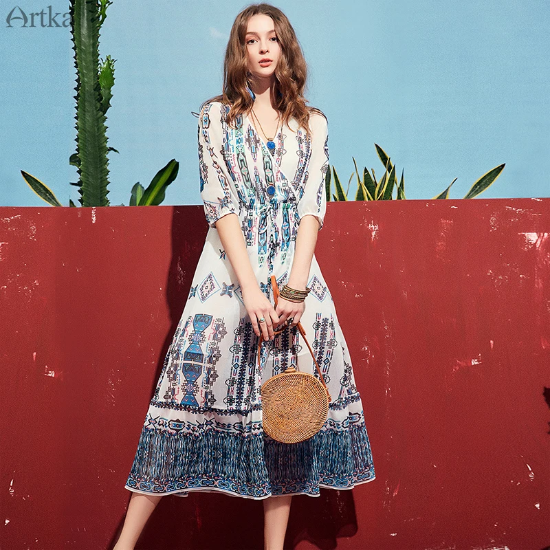 ARTKA 2019 летнее женское платье es регулируемый пояс A-Line шифоновое винтажное с