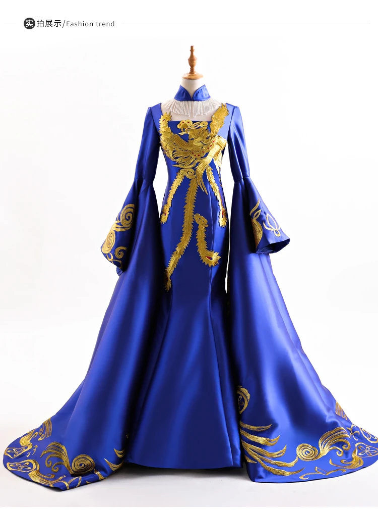 100% реальный Королевский Синий Золотой Вышивка phornix птица драматическое