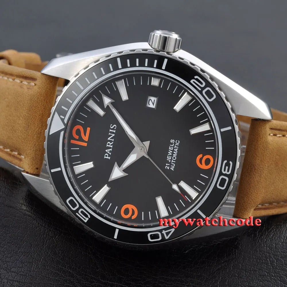 Мужские часы Parnis с оранжевыми цифрами сапфировым стеклом и керамической рамкой
