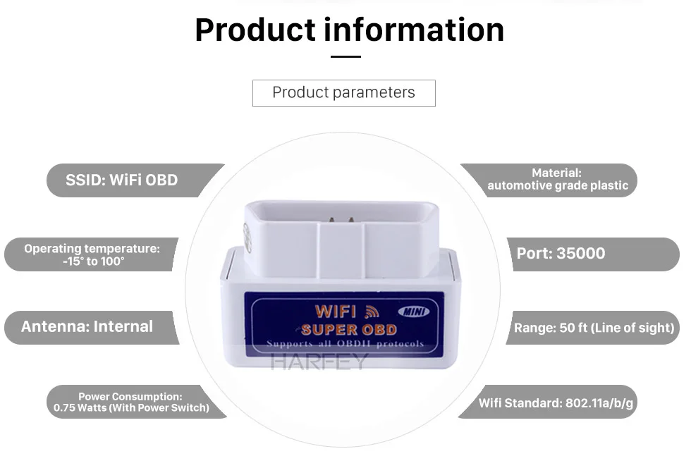Harfey wifi OBD2/OBDII автоматический диагностический сканер диагностический инструмент Wi-Fi для Автомобильная магнитола на андроид gps навигационный плеер