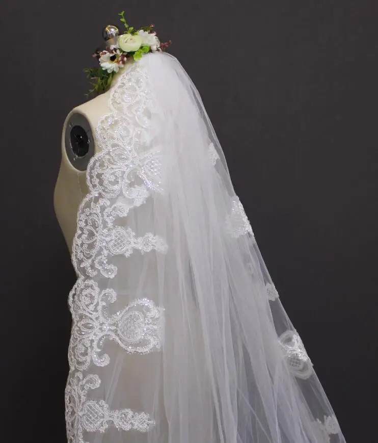 Новый 3 м кружевной крайний слой Соборная вуаль Длинная фата невесты для свадьбы
