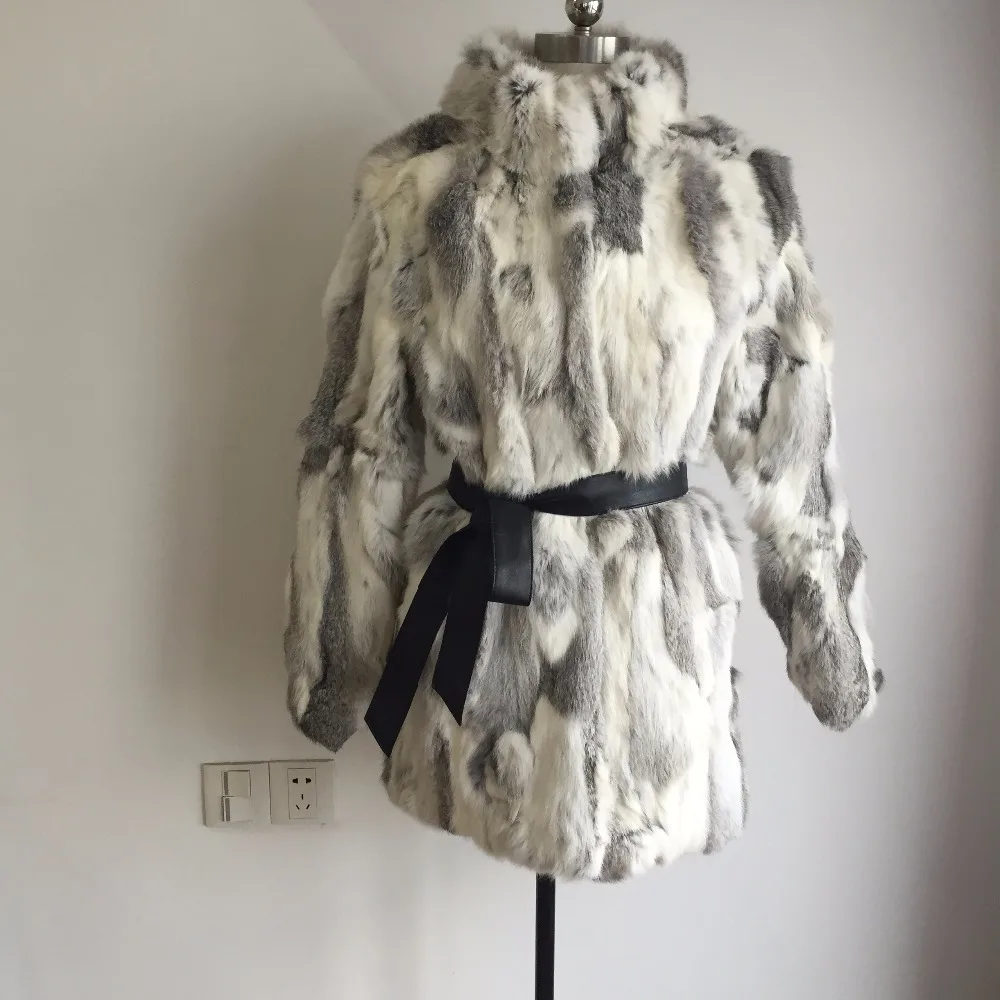 Женское длинное пальто из натурального меха с воротником стойкой|real rabbit fur coat|real