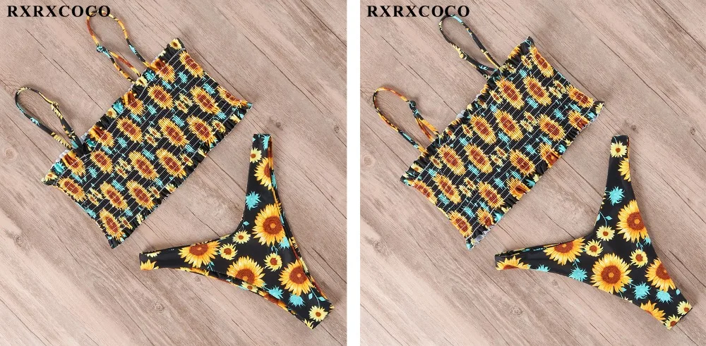 RXRXCOCO купальники для женщин купальник Smocking бикини с высокой талией набор бикини напечатан летний купальник с рюшами пляжная одежда
