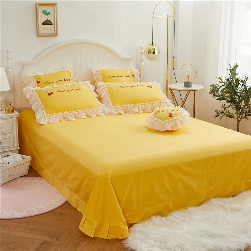 4 шт принцесса стиль Чистый хлопок Пододеяльник Простыня наволочка желтый