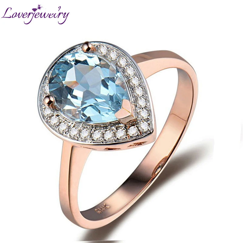 

LOVERJEWELRY Lady Topaz Rings Jewelry Vintage Pear 7x9mm Solid 14Kt Rose Gold Natural Diamond Topaz Party Wedding Ring For Women