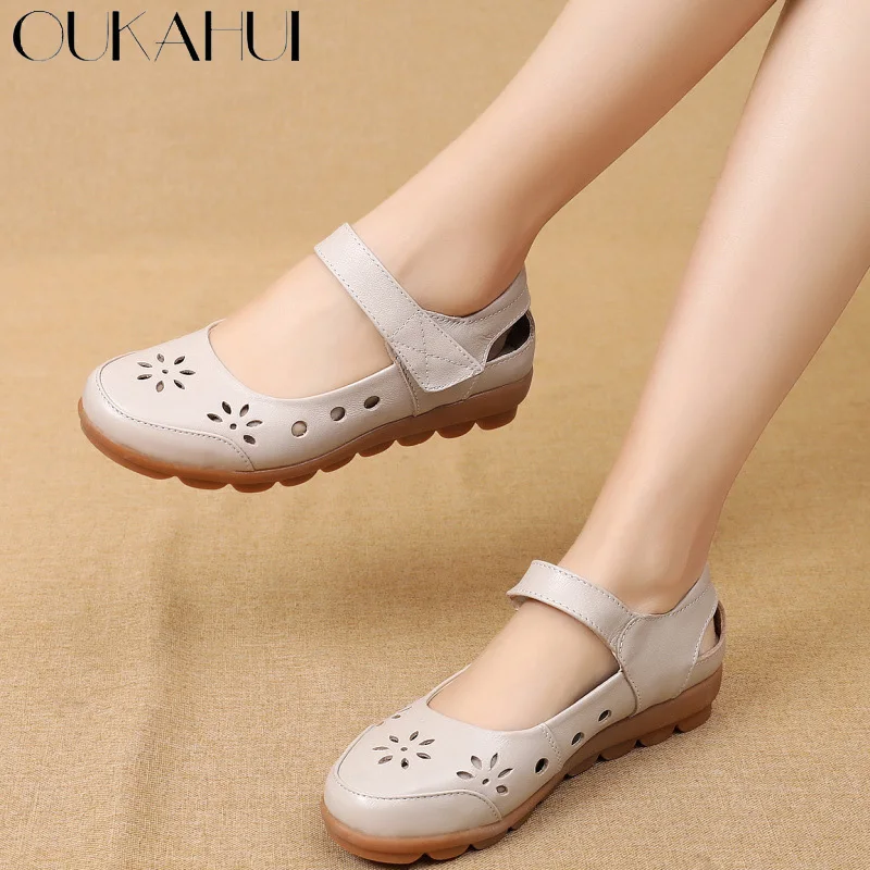 Женские туфли на низком каблуке OUKAHUI летние мягкие из натуральной кожи с