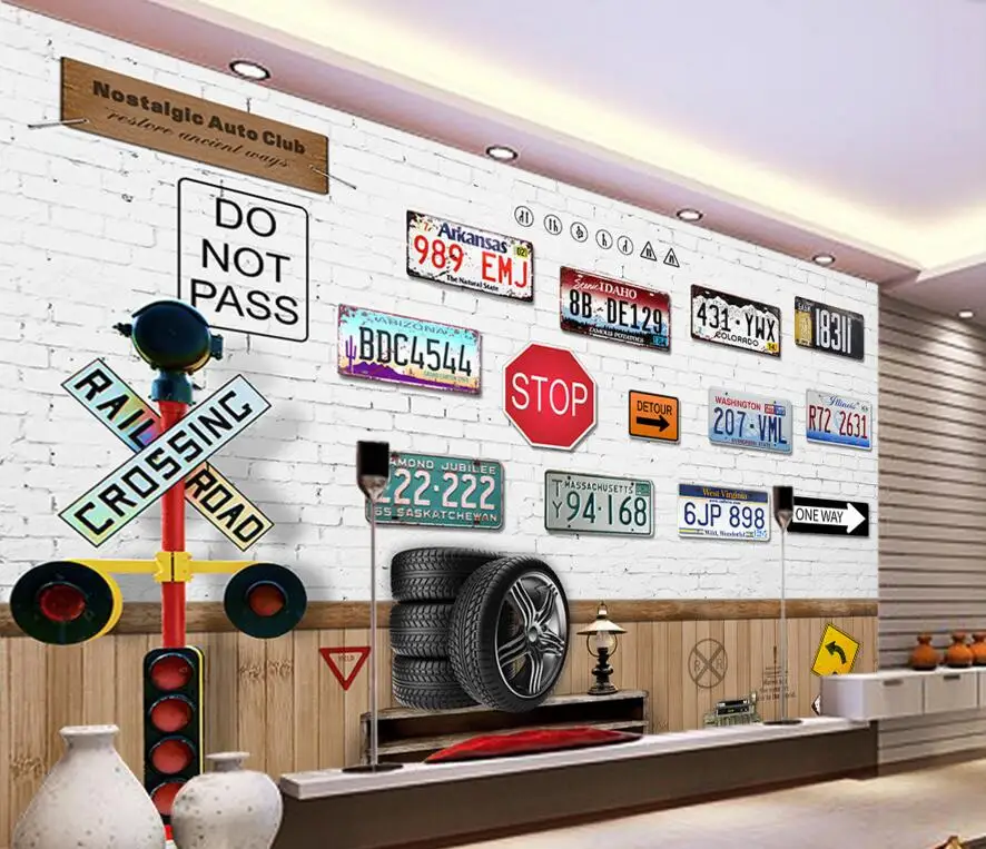 

Custom retro wallpaper,Retro car license plates,3D cartoon murals for the cafe restaurant hotel background PVC wallpaper