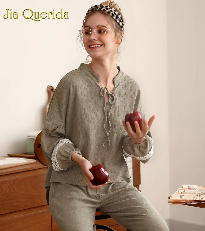 J& Q Pijama Mujer розовый сплошной модная Пижама для женщин Весна поясом воротник прекрасный женский Домашняя одежда костюмы плюс размеры Pjs