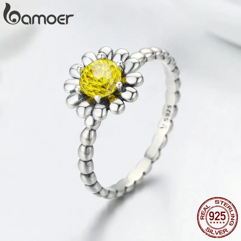BAMOER, Настоящее серебро 925 пробы, цветок маргаритки, желтый CZ, серьги, ожерелье, ювелирный набор, Стерлинговое Серебро, ювелирное изделие ZHS048