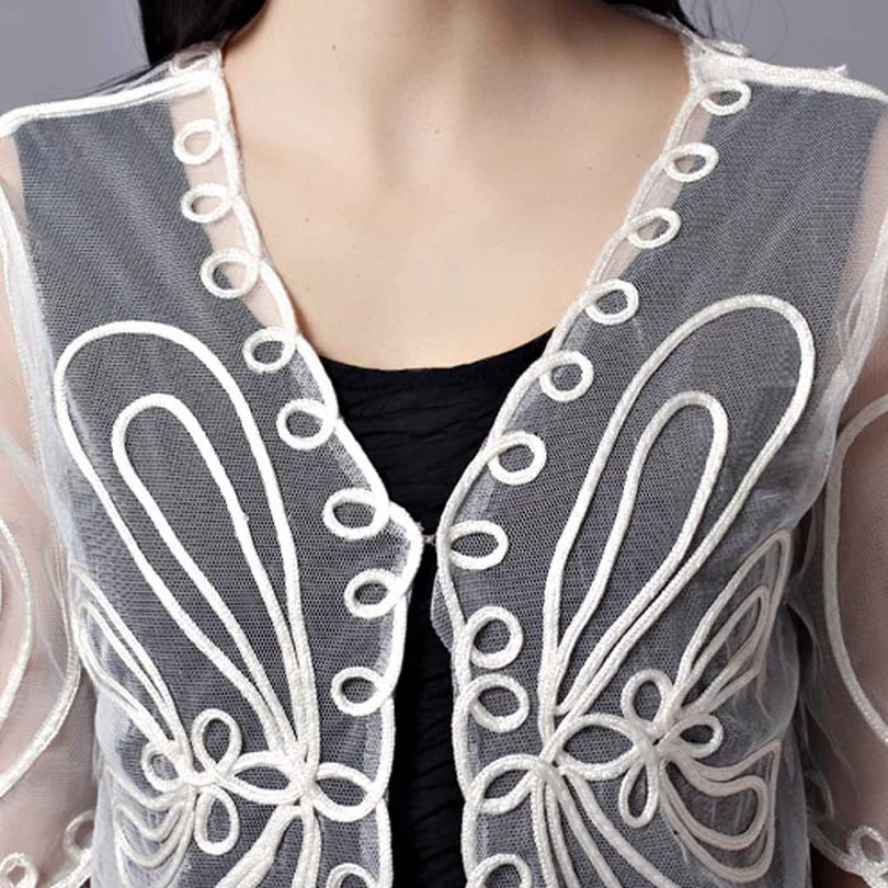 Винтажный белый вязаный крючком кружевной сетчатый кардиган Femme короткий рукав v