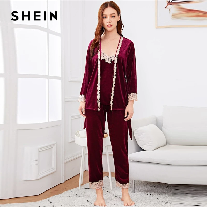 SHEIN Комплект Пижамы Из 3 Предметов Пижама С Кружевной Контрастной
