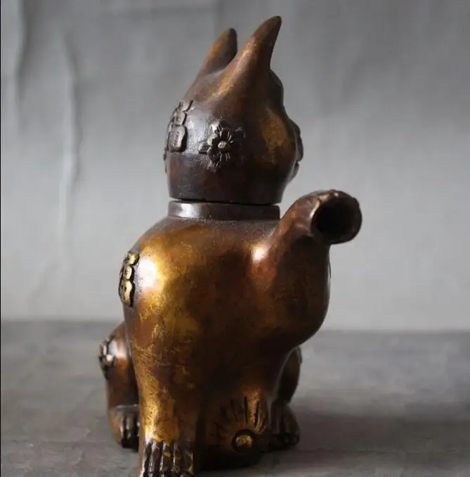 Старый Китайский Фэншуй Бронзовый счастливый кот киска статуя винный чайник |