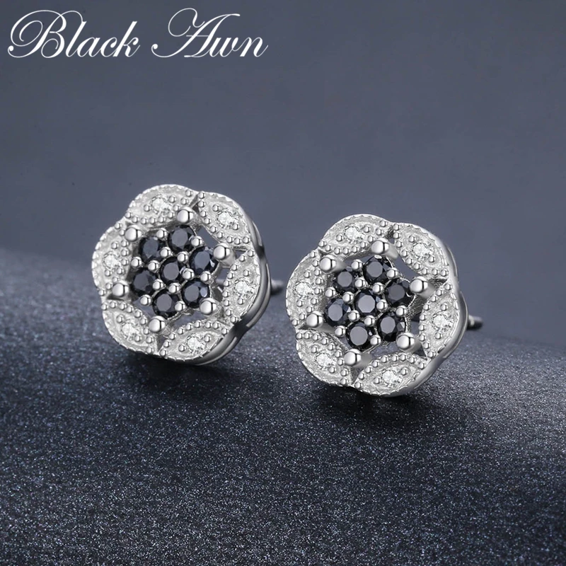Серьги гвоздики женские из серебра 100% пробы с черной шпинелью|stud earrings|earrings forearrings