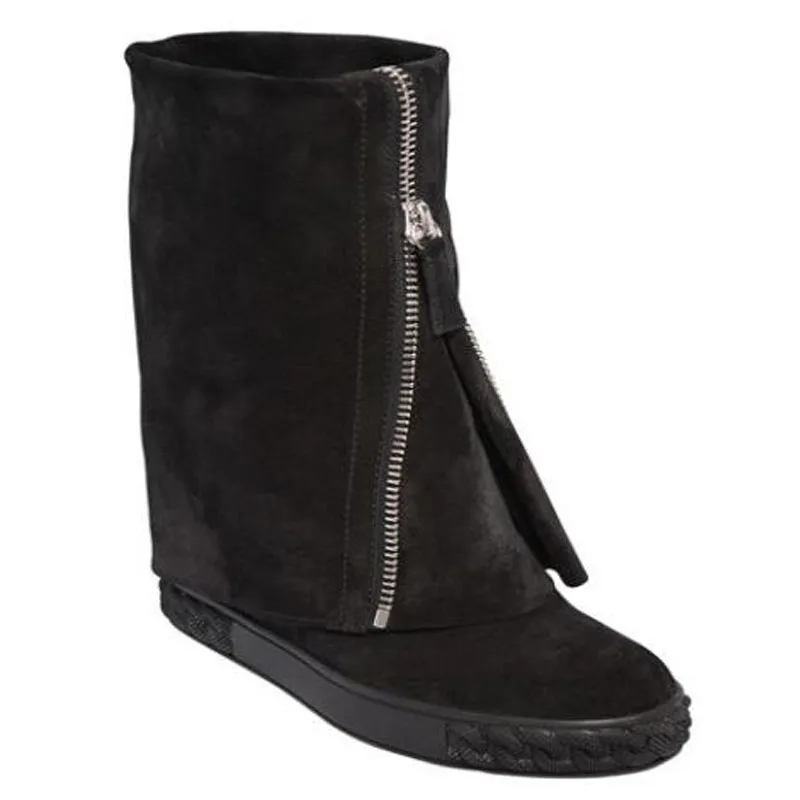 

Hot Fashion Black Cow Suede Mid-Calf Shoes Zip Round Toe Height Increasing Women's Shoes Platform Free Shipping Women's Boots