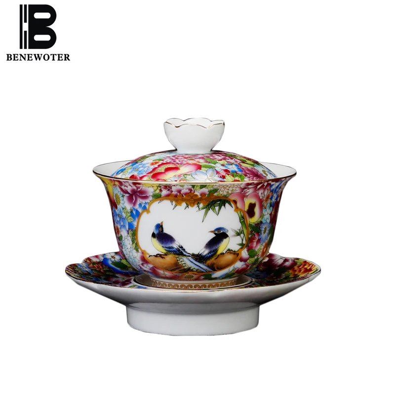 Ручная работа ручная роспись цветочным узором птица Gaiwan офисные Винтаж посуда